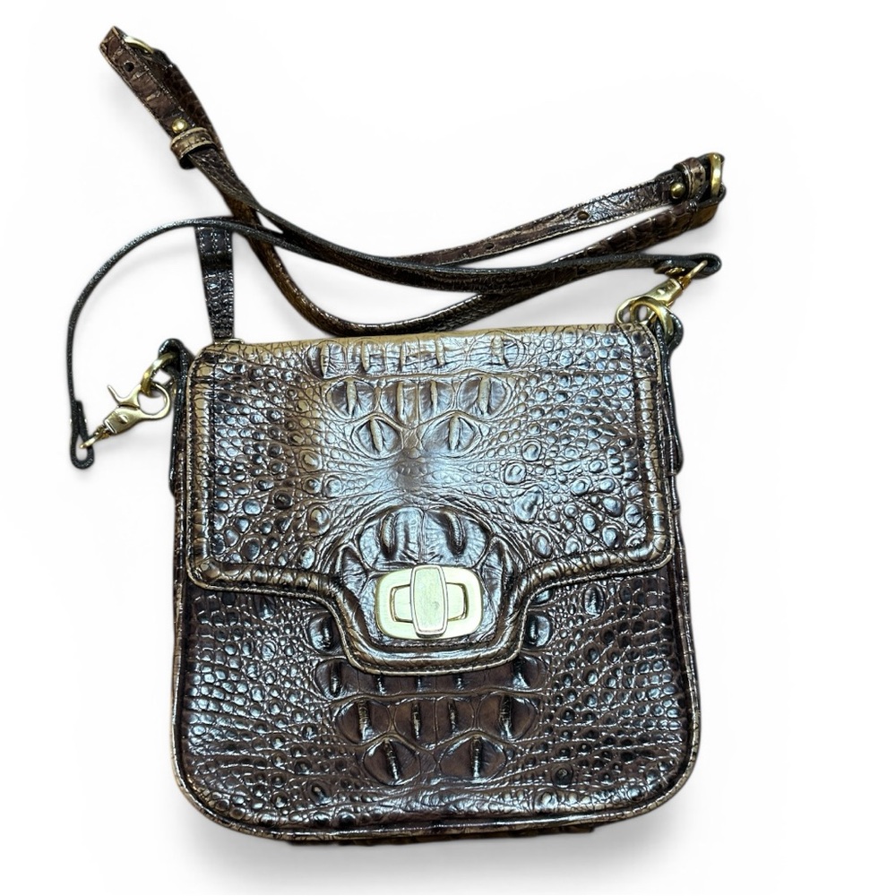 Brahmin brown turn lock closure crossbody croc embossed bag